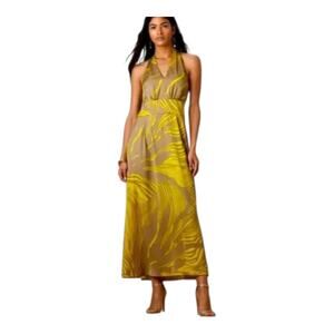 BANANA REPUBLIC Women's 10 Halter Dress Maxi Satin Leaves Yellow Beige Tie Neck
